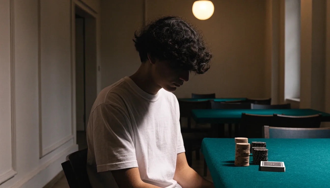 Detail zeleného sukna hracího stolu se srovnanými hracími kartami a barevnými žetony, jedna zavěšená lampa nad stolem