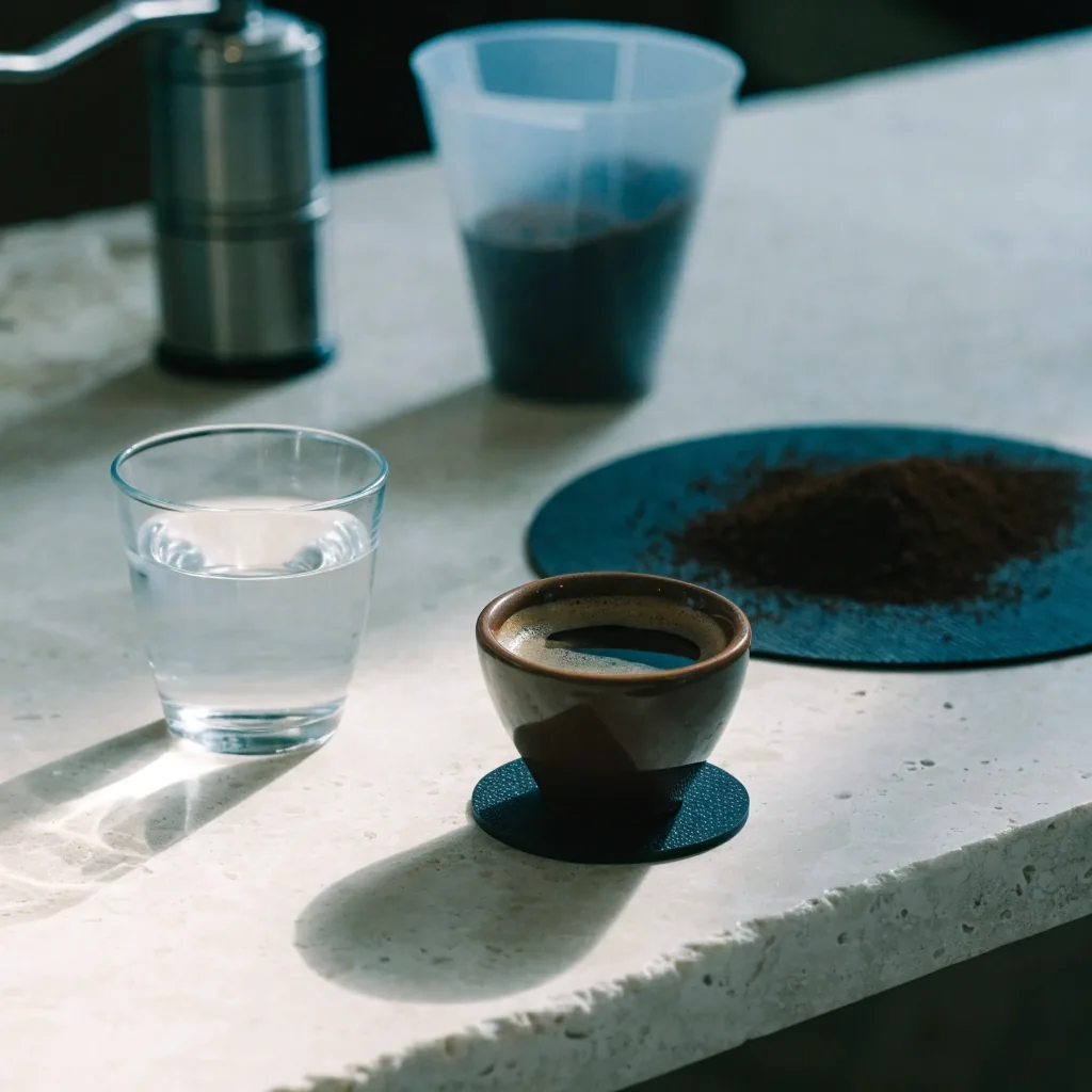 Dvojité espresso a sklenice vody na kamenném pultu, za nimi mlýnek a filtrační kónus ve studeném ranním světle