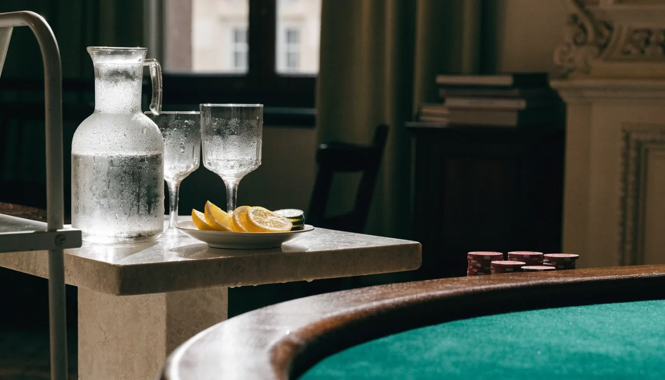 Pohled z prahu do pokerového salonku — zelený stůl, srovnané židle, karafa s vodou na bočním stolku
