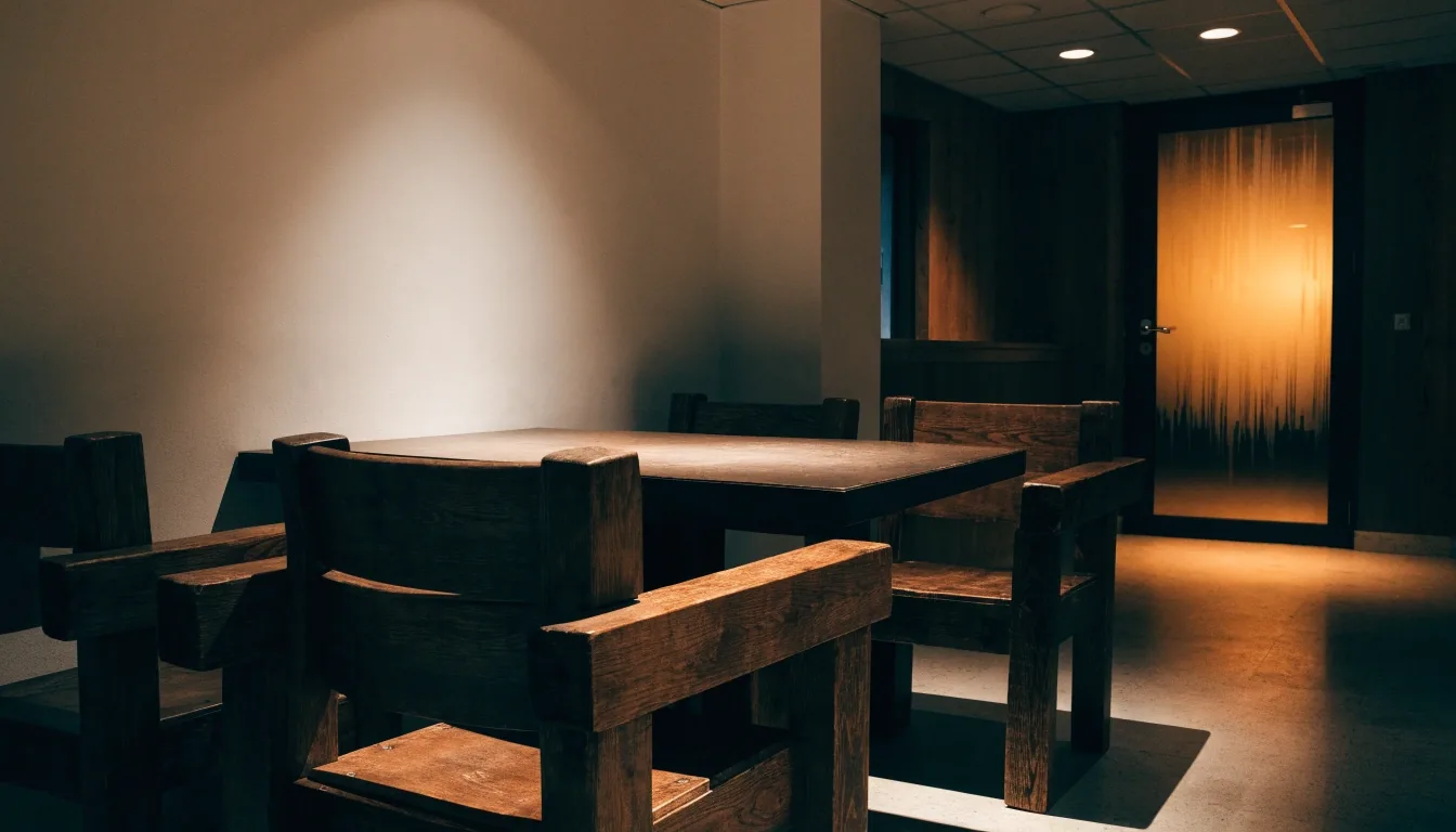 Večerní klubová místnost nealkoholické lounge kavárny s hosty u dlouhého stolu